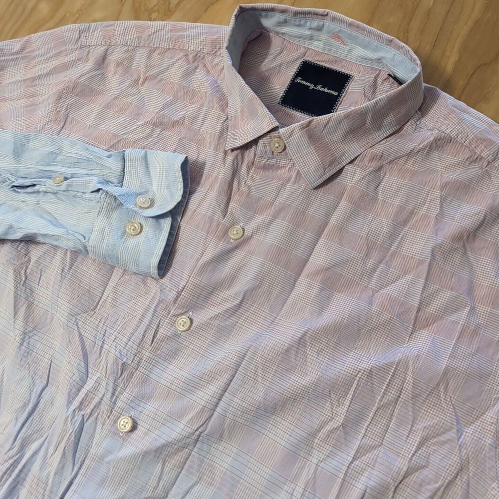 Tommy Bahama Silk Blend Shirt White Blue Pink Plaid Mens XL Ombre $148